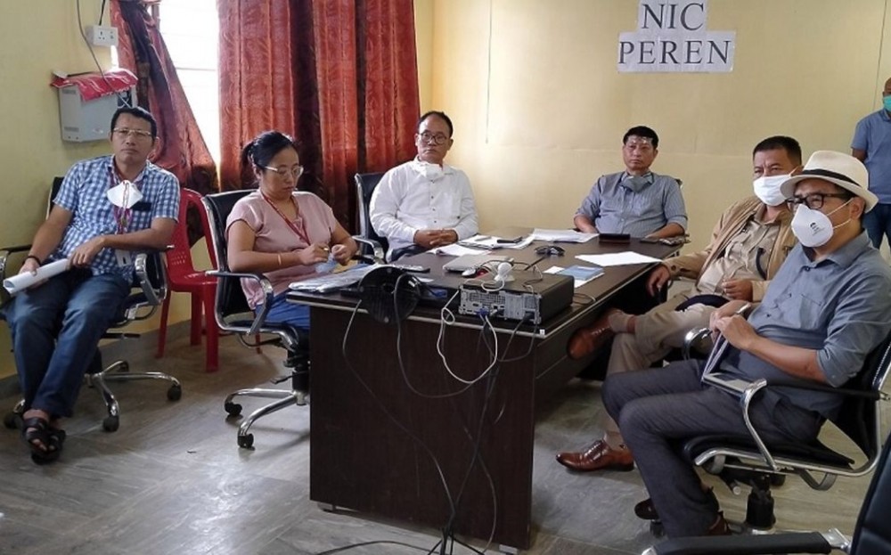 DC Peren and DTF Chairman Sentiwapang Aier along with the Peren district COVID-19 Task Force members attending the video conference at DC Compllex, NIC Room called by Nagaland Chief Secretary Temjen Toy on July 9. (DIPR Photo)